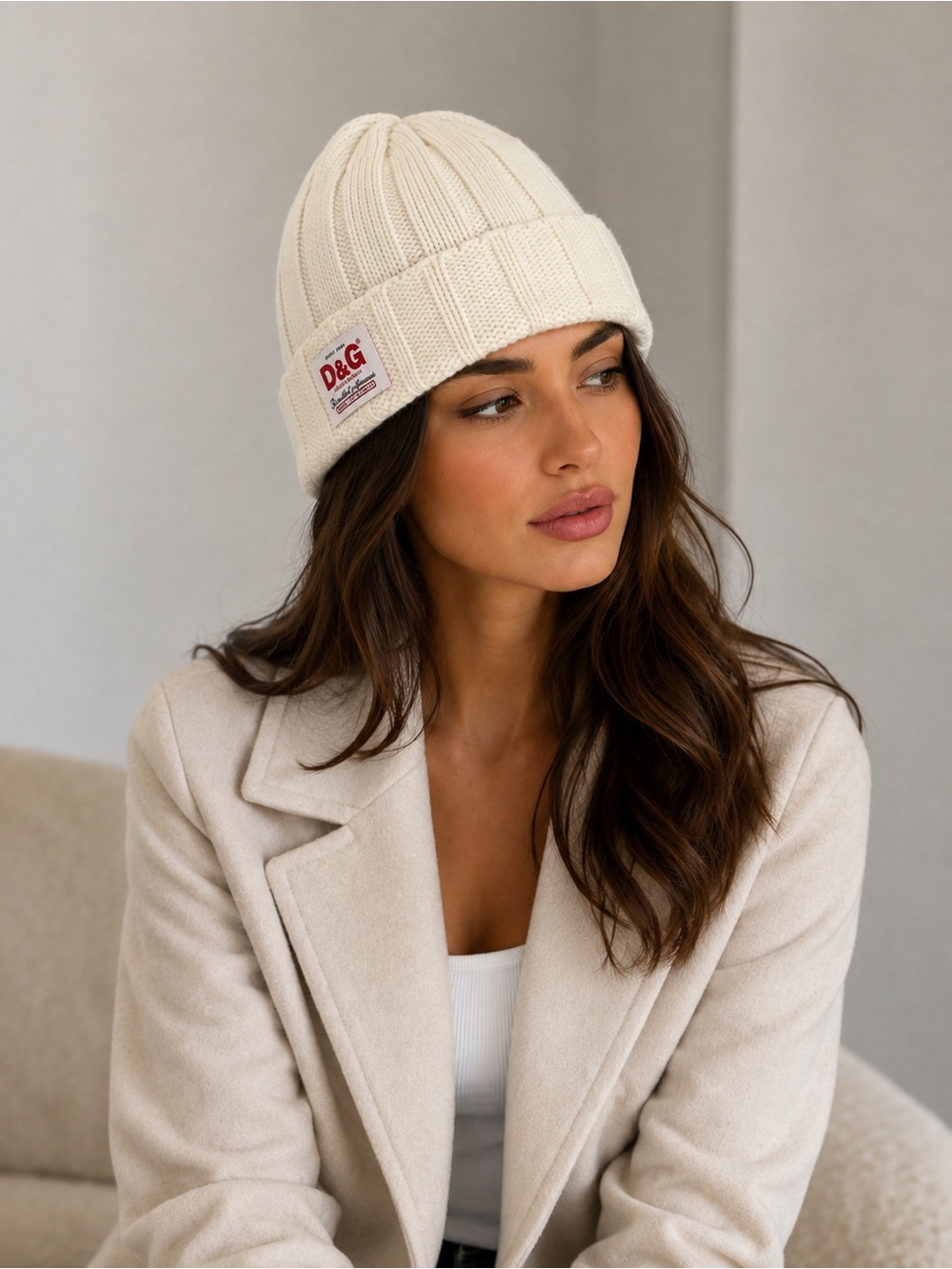 Dolce & Gabbana D&G authentic Cream Ribbed Knit Beanie hat
